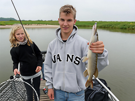 Fangfoto kleiner Elbhecht gefangen von einem Jungangler und gekeschert von seiner Schwester bei einer geführten Angeltour mit Boot auf der Elbe