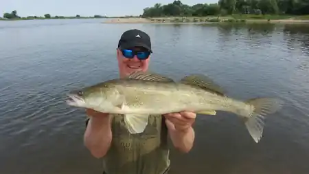Stolzer Angler präsentiert seinen Zanderfang am Elbufer