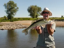 gluecklicher-angler-elbzander-fangfoto Freudenschreie bei einem Angler über einen Zanderfang bei einem Angelguiding vom Boot auf der Elbe
